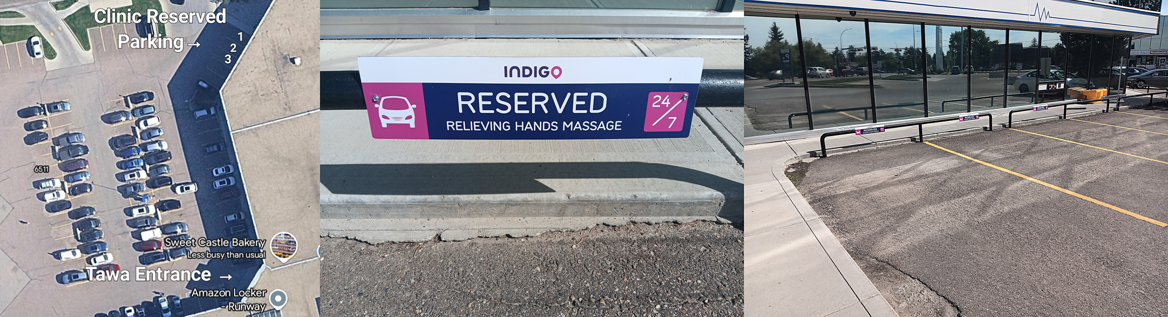 Reserved parking spots for Relieving Hands Massage clients at Tawa Centre, Edmonton